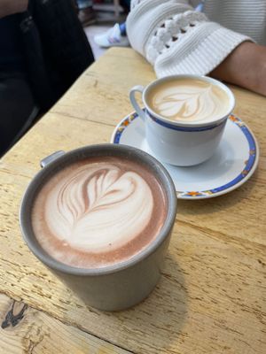 Vegan hot chocolate and flat white   at Remedy Coffee Shop in York