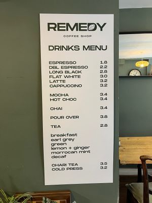 Remedy drinks menu at Remedy Coffee Shop in York