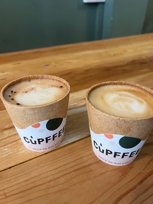 Coffee in take out edible cups  at Remedy Coffee Shop in York