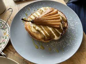 Poached pear pancakes  at Remedy Coffee Shop in York