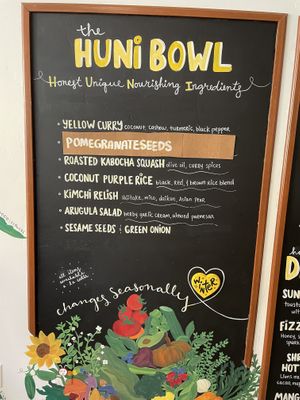 Seasonal bowl includes all listed ingredients. Vegan!  at Honey B Market in Santa Cruz