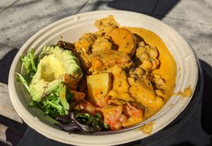 Kabocha tempeh curry bowl at Honey B Market in Santa Cruz