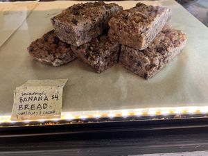 Banana bread in pastry case   at Honey B Market in Santa Cruz