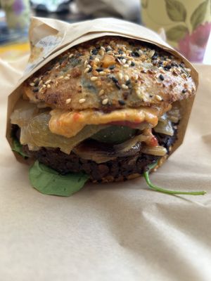 Blues burger  at Honey B Market in Santa Cruz