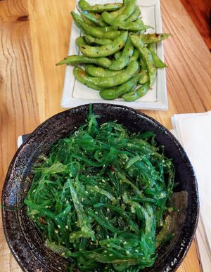 Seaweed salad, large portion, and edamame. You will need some extra napkins for the beans since they have
 oil & seasoning at Takkii Ramen in West Reading