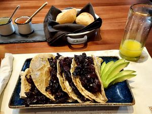 Tacos de flor de jamaica at La Posada del Virrey Restaurante in San Luis Potosi