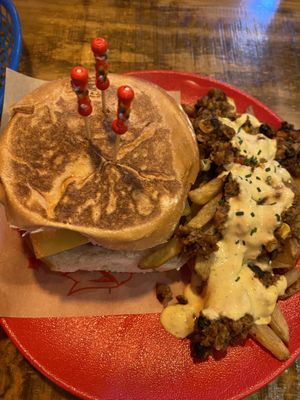 vegan macumba burger with loaded fries   at Rockabilly Burger Bar - Las Canteras in Gran Canaria