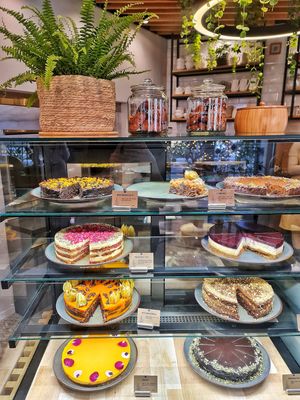 The display with healthy vegan cakes - guilt-free and sooo delicious😄 at Vita Rama in Sofia