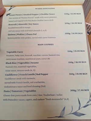 Menu at Vita Rama in Sofia