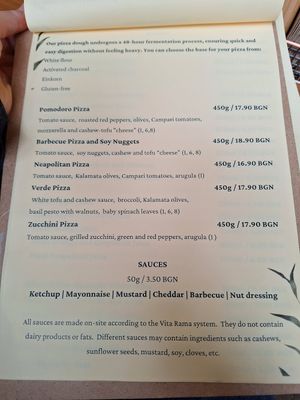 Menu at Vita Rama in Sofia