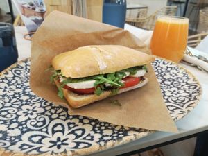Caprese sandwich, they make the bread, the cheese and the pesto and olive spread themselves. Refined oil free.  at Vita Rama in Sofia