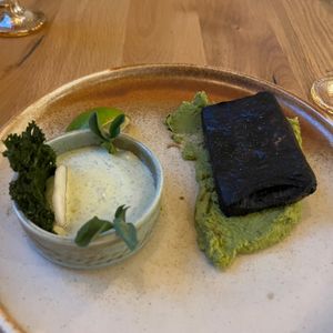 Earth & water (marinated tofu wrapped in nori, served with avocado and pea mousse). at Vita Rama in Sofia