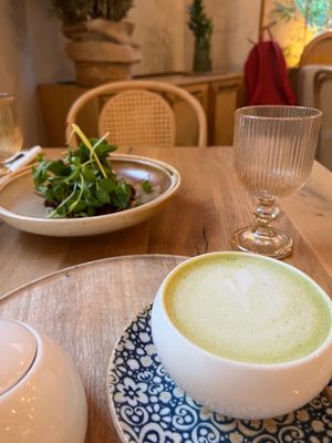 Matcha latte and Earth & water (marinated tofu wrapped in nori, served with avocado and pea mousse). at Vita Rama in Sofia