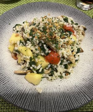 Vegan Risotto with apple, spinach, tomato, mushrooms, and walnuts    at Sabores D'italia in Santa Cruz