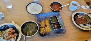 Veggies Pakora. Tofu saag. Mushroom vindaloo. So good. at Great Taste Indian and More in Highlands Ranch