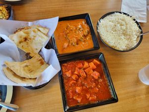 Naan bread, Top is the tikka masala, bottom is vindaloo (with fried tofu and sweet potatoes) at Great Taste Indian and More in Highlands Ranch