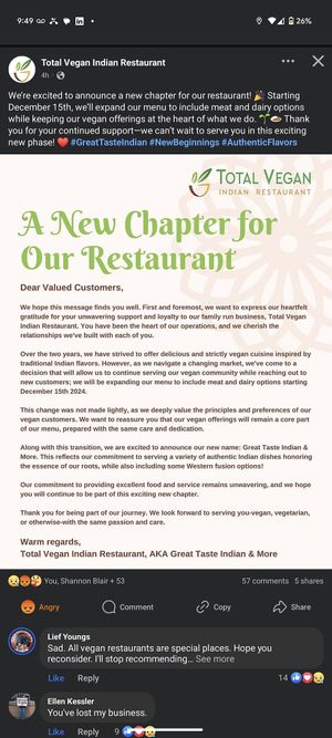 Excited to turn their back on the animals and exploit them because they didn't know how to run a successful restaurant without exploiting them. Yet claim to hold vegan values.Shame at Great Taste Indian and More in Highlands Ranch