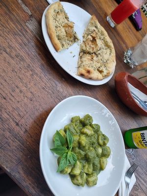 Fresh Gnocci with vegan pesto and a focaccia with rosemary (was too good to wait for pic 😀) at My House in 