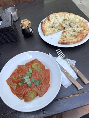 Vegan Ravioli with spinach and Focaccia rosemary.   at My House in 