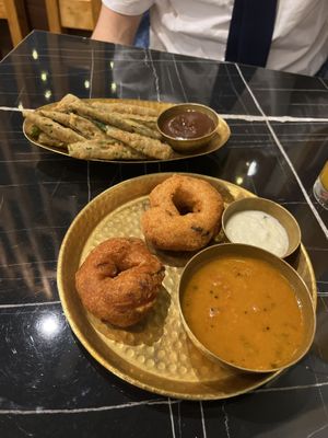 Okra fries and medhu vada  at Puraan in North London