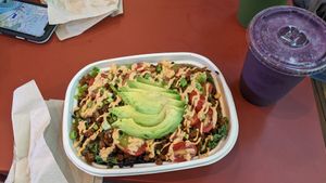 Taco bowl and Blueberry Muffin smoothie at Mother Juice in Cambridge