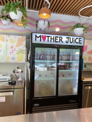 Counter and refrigerator with Mother Juice sign at Mother Juice in Cambridge