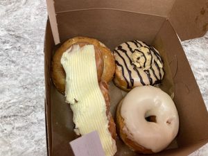 My selection: maple, cookie butter cookie dough, white chocolate bourbon twist, old fashioned at Lovebirds Donuts in Portsmouth