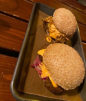 Tiny vegan burgers at Lådan in Stockholm