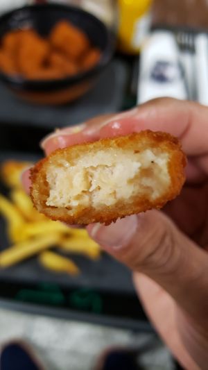 Interior of vegan chicken nugget. Not bad, but they get bland and boring after a while. They're also expensive. at GRU - Living Heineken - T3 in Sao Paulo