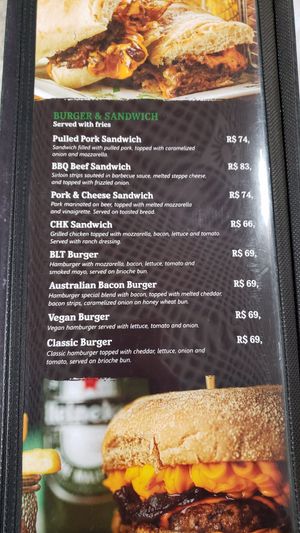 Menu with a labeled vegan burger. December 2022.

Cardápio com um búrger vegano. Dezembro 2022. at GRU - Living Heineken - T3 in Sao Paulo