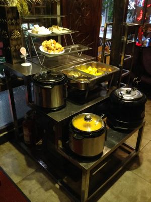 Soup, rice, and  bread selection at Lovely Lotus Delicious Vegetarian in Dali