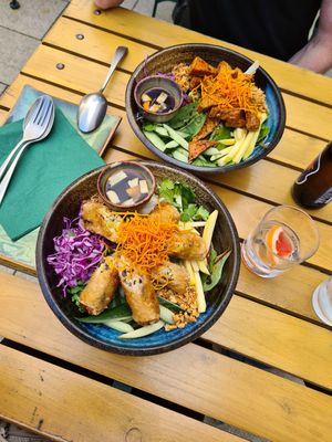 Two main dishes, top one is with tofu and bottom one is with spring rolls. at Greentable in Hamburg