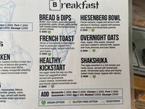 Breakfast section of the menu- they confirmed that all of these can be made vegan upon request .  at Breaking Bread in Tamarindo