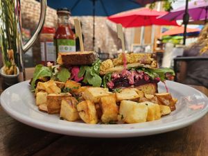 Beet-Strami on Gluten Free Bread at Ma Mosa's in Grants Pass