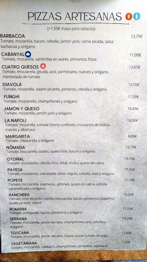 Carta, pizzas at Restaurante Pizzeria El Refugio in Montanejos