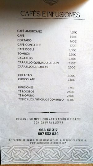 Carta, cafés y tés at Restaurante Pizzeria El Refugio in Montanejos