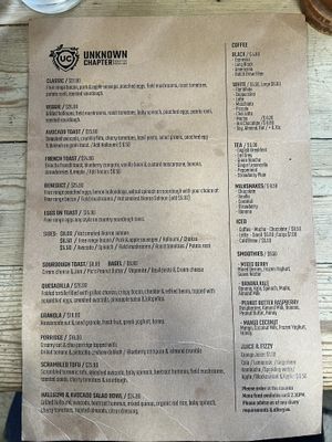 Menu  at Unknown Chapter Coffee Roasters in Christchurch