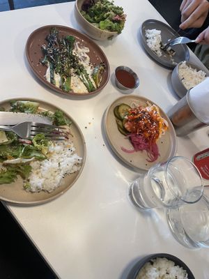 Salad, broccolini, kimchi + pickles, rice...  at KaiBaiBo in Liverpool