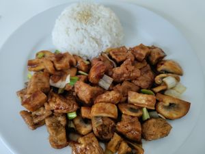 Mushrooms, onions, tofu, rice. at Loving Hut in Helsinki