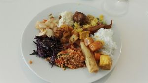 Selection of cold and warm dishes at Loving Hut in Helsinki