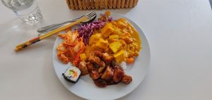 Various things from the buffet. at Loving Hut in Helsinki