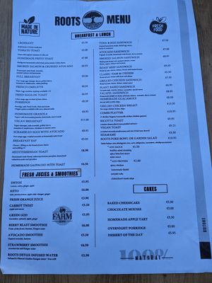 Menu at Roots Cafe in San Pedro De Alcantara