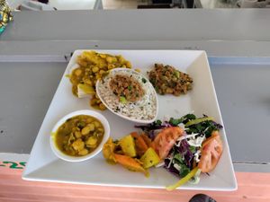Chickpea curry, rice, soy mince, salad at Island Chef in Soufriere