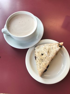 Cranberry chocolate gf scone and hot chocolate at Beet Box Bakery & Cafe in Denver