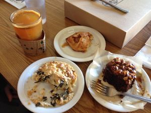 spinach tart, brownie, apple crescent, & hot cider at Beet Box Bakery & Cafe in Denver