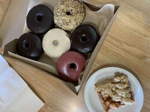 Half dozen donuts and apple oat bar at Beet Box Bakery & Cafe in Denver