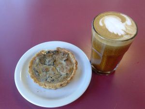 mushroom tart and almond milk latte at Beet Box Bakery & Cafe in Denver