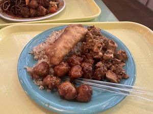 Egg roll, orange chicken, some tofu thing, and fried brown rice. Very nice   at Oscar in Tokyo