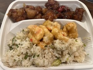Walnut shrimp, orange chicken, gung pao chicken, and garlic fried rice.   at Oscar in Tokyo