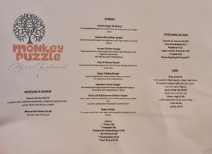Menu at The Monkey Puzzle in Ilfracombe